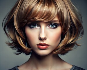 Fototapeta premium Close-up of a girl with a layered haircut, emphasizing dimension and texture.