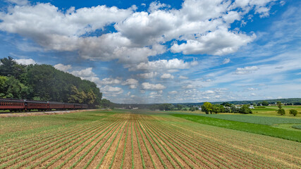 A Red Passenger Train Travels Along The Edge Of A Verdant Field With Rows Of Newly Sprouting Crops, Set Against A Vast Blue Sky Dotted With Puffy White Clouds, Creating A Picturesque Countryside Scene