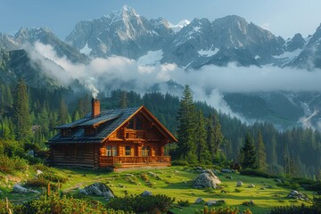 Obraz premium A serene mountain cabin surrounded by pine trees, with smoke gently rising from the chimney and snow-capped peaks in the distance.