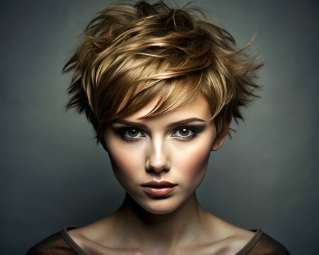 Studio portrait of a girl with a tousled pixie cut hairstyle, emphasizing texture and tousled strands.