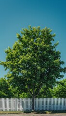 Fototapeta premium Ornamental tree adorned with lush green leaves, standing tall over a white fence against clear blue
