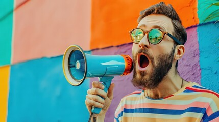 Funny portrait of an emotional guy with a megaphone.