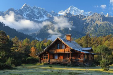 Fototapeta premium A serene mountain cabin surrounded by pine trees, with smoke gently rising from the chimney and snow-capped peaks in the distance.