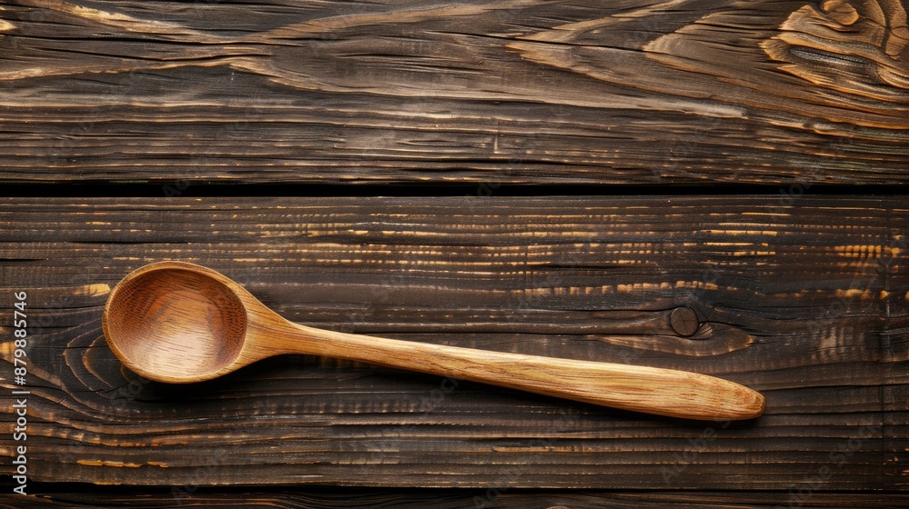 Sticker Light wooden handmade spoon on dark wooden background top view