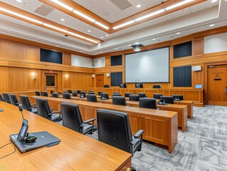  courtroom equipped with advanced technology, showcasing digital evidence presentation systems, real-time transcription services