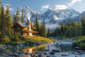 A serene mountain cabin surrounded by pine trees, with smoke gently rising from the chimney and snow-capped peaks in the distance.