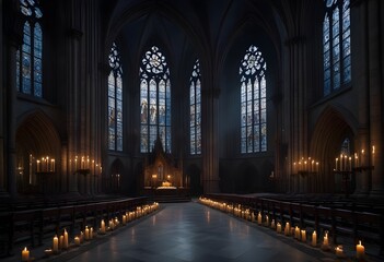 Fototapeta premium A dark, gothic cathedral interior with tall arched windows, candles, and a mysterious, ethereal atmosphere