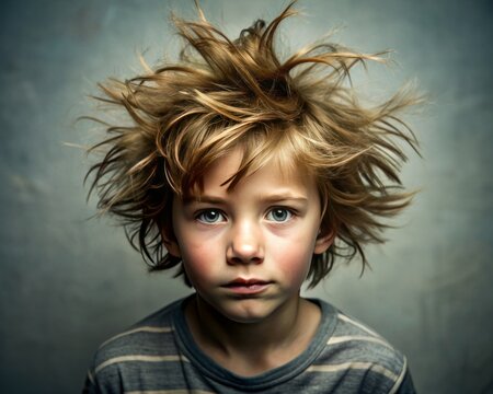 Portrait of a boy with a tousled bedhead hairstyle, capturing a messy and carefree look.