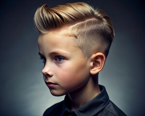 Portrait of a boy with a high fade haircut, emphasizing a sharp transition in hair length.