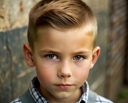 Close-up of a boy with a classic crew cut hairstyle, showcasing a neat and timeless look.