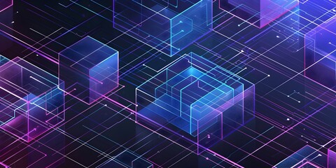 A vector graphic design featuring an isometric grid of geometric shapes, rendered in shades of blue and purple against a dark background