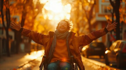 Obraz premium A man in a wheelchair joyfully celebrating in a sunlit autumn park with arms wide open, embracing the warmth and beauty of the season with happiness and freedom