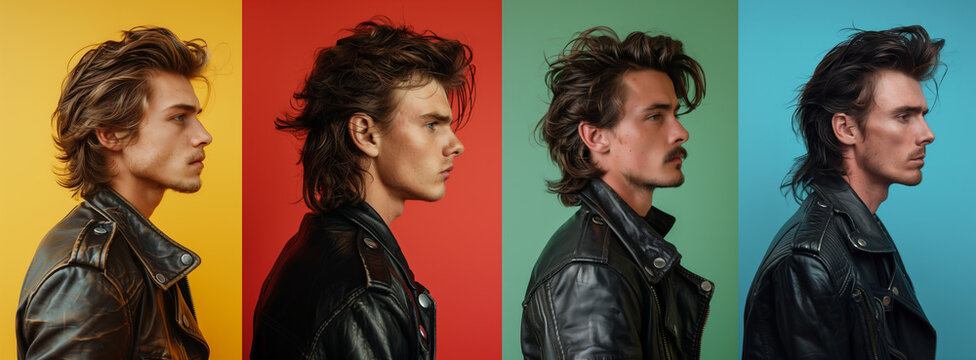 Men with distinctive retro hairstyles from the 1950s wearing black leather jackets, set against colorful backgrounds, showcasing individual styles and fashion in a side profile view