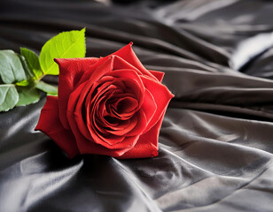 Red Rose on Black Silk Sheets. Seductive valentine romance and love