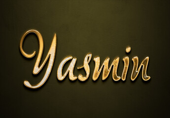 Old gold text effect of Arabic name Yasmin with 3D glossy style Mockup.