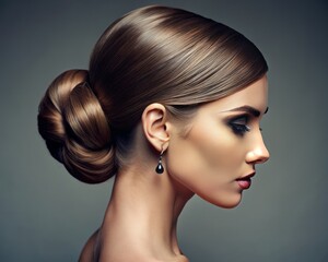 Close-up of a woman with a sleek low bun hairstyle, emphasizing a low and elegant bun.