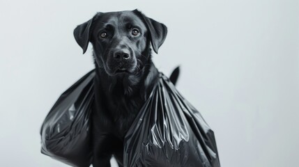 Black canine carrying bags alone against white backdrop