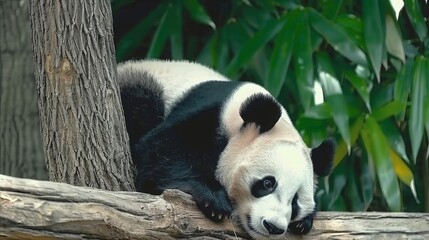 Obraz premium A black and white panda lives in a zoo.