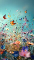 Vibrant meadow teeming with colorful butterflies, blooming flowers, under gently diffused sky