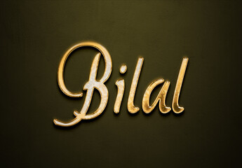 Old gold text effect of Arabic name Bilal with 3D glossy style Mockup.
