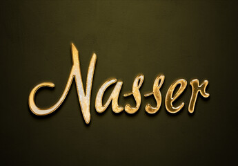 Old gold text effect of Arabic name Nasser with 3D glossy style Mockup.