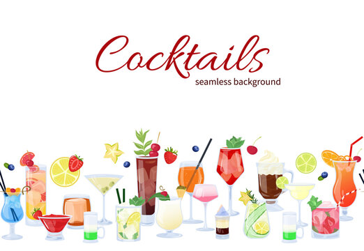 Vector cocktails seamless border. Big set of summer beach alcoholic drinks mix in flat style with cut fruits. Beach Holidays, summer sale, party, cafe-bar concept. Poster, advertising, flyer, sale.