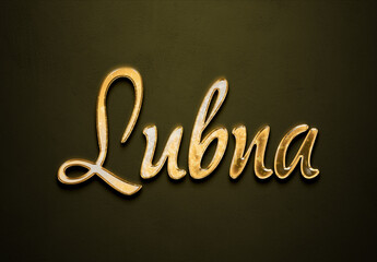 Old gold text effect of Arabic name Lubna with 3D glossy style Mockup.