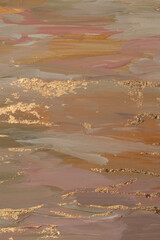 Beige, gold leaf glitter smear brushstroke stain blot painting. Abstract hand drawn texture background.
