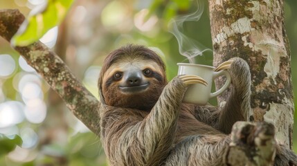 Fototapeta premium A cute sloth holding a steaming cup of coffee while lounging in a tree
