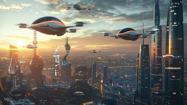 Futuristic skyline with flying cars and drones