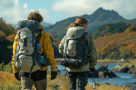 Two Hikers With Backpacks Walk Along a River