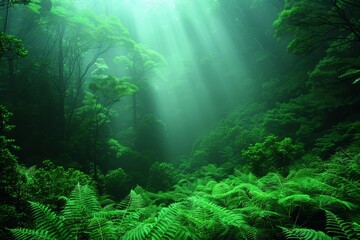 Obraz premium Sunbeams Through a Lush, Foggy Rainforest