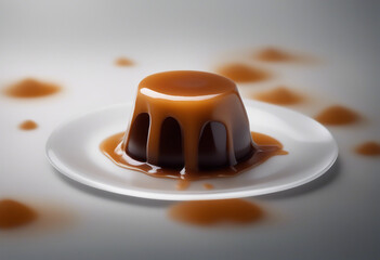 A luxurious molten caramel pudding with a soft flowing caramel center garnished with sea salt flakes