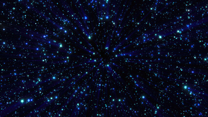 Abstract background of bright blue glowing shiny dots of bokeh stars and circles of beautiful festive space