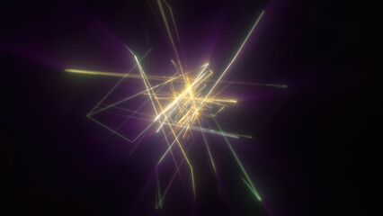 Abstract bright yellow glowing background with flying neon star lines made of energy particles and light rays