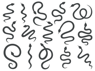 Snake silhouettes set. Black color snakes with different shapes. Wild animals or nature theme. Vector illustration on white background.