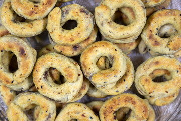 Traditional jordan palestine and syrian eid sweets stuffed with dates from a top view composition also it is color is yellow due to ghee