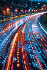 Car headlights captured motion, creating lighting speed effect amidst swirling computing code