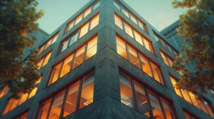 Glass office building at twilight with innovative design and elegant interiors, creating a minimalist atmosphere