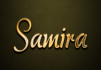 Old gold text effect of Arabic name Samira with 3D glossy style Mockup.