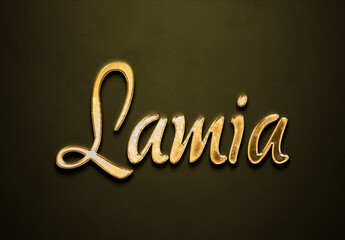 Old gold text effect of Arabic name Lamia with 3D glossy style Mockup.