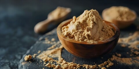 Fototapeta premium Maca Root Powder A Nutritious Peruvian Supplement for Healthy Cooking and Nutrition. Concept Maca Root Powder, Peruvian Superfood, Healthy Cooking, Nutritional Supplement, Wellness Benefits