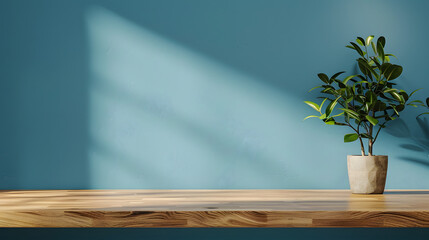 close up wooden desk in front close to a blue wall
