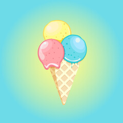 Melting ice-cream and waffle cone.Tasty and delicious summer dessert  in cartoon style.
