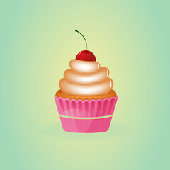 Sweet cherry cupcake with cream.Vector muffin with cherry.