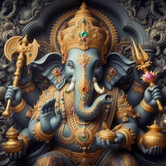Fototapeta premium Ganesha with Trident and Lotus Flower.