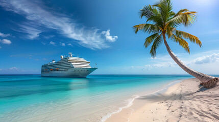 Obraz premium With a palm tree on Coral Beach, take a Caribbean cruise.