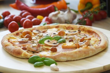 Whole Homemade Pizza on Wooden Table with Ingredients Background. National Pizza Day, La Giornata Mondiale della Pizza, World Pizza Day. Tasty, Food, Fast Food, Hunger.