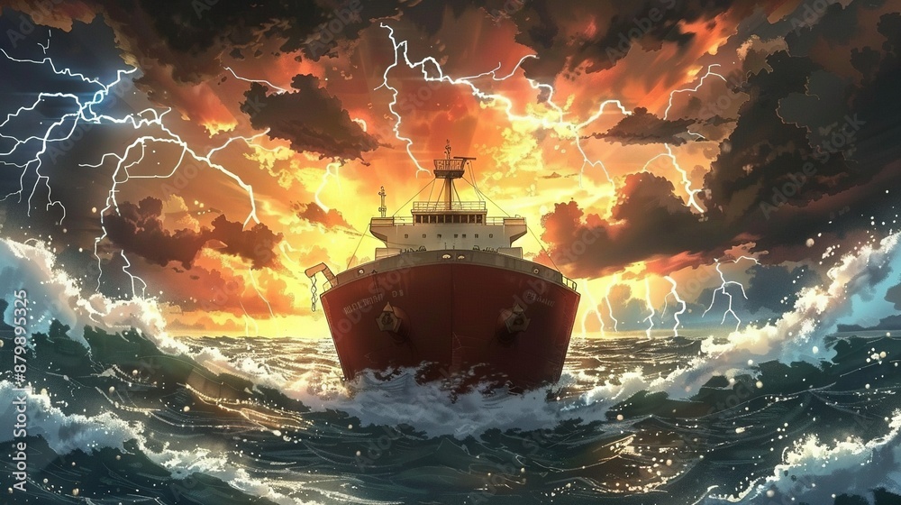 Sticker   A ship floating on a vast sea surrounded by bright lightning overhead