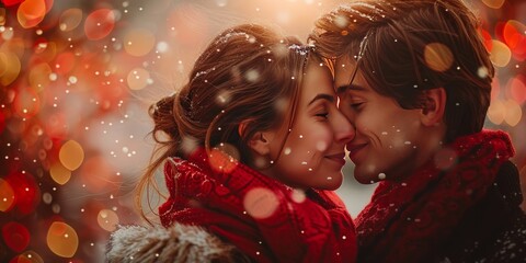 A couple kisses under the mistletoe during a festive family gathering on World Kissing Day.